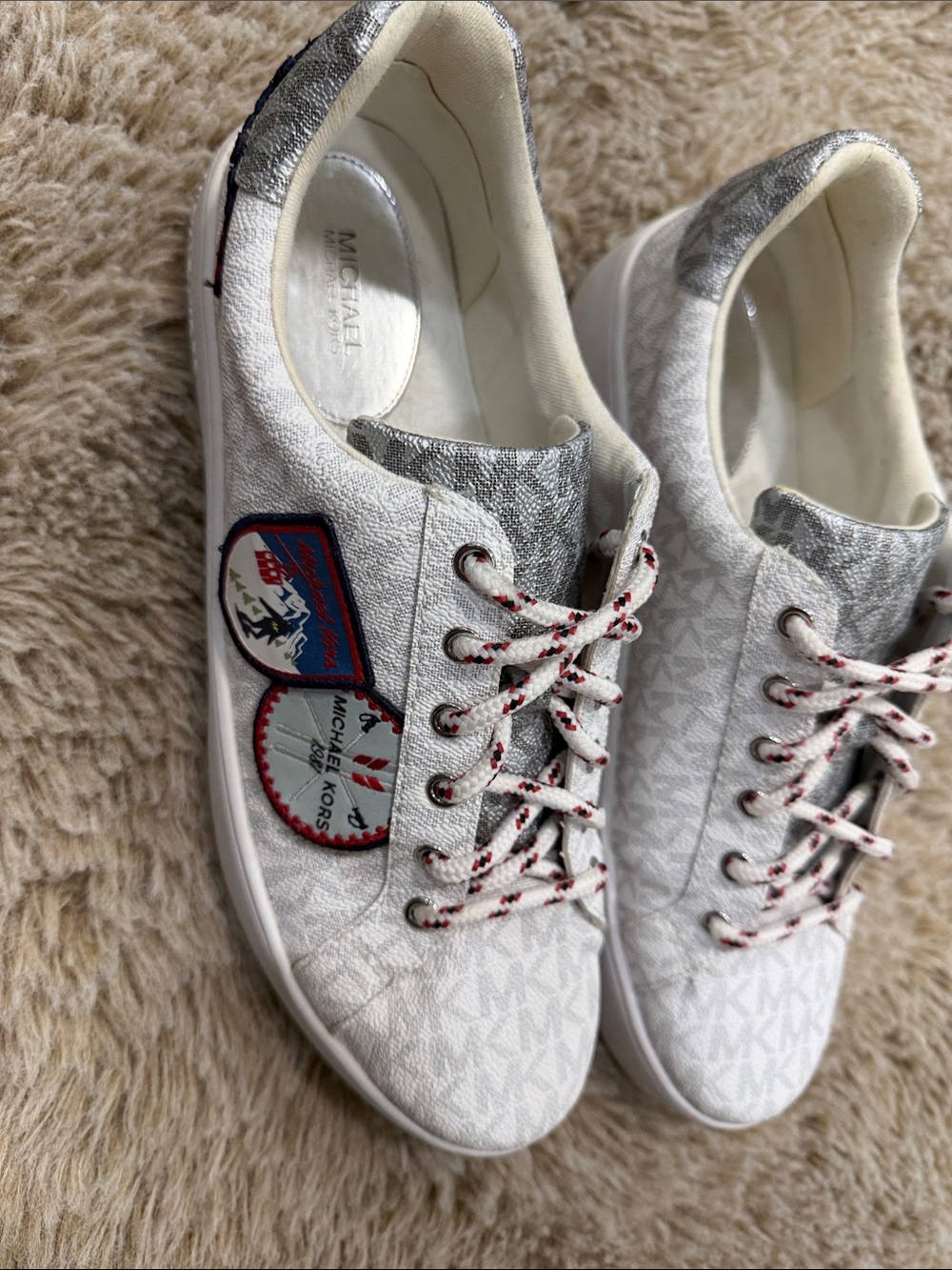 Michael Kors White & Silver Kids Logo Patch Lace-Up Sneakers